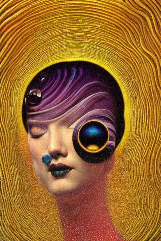 Image similar to 8 0 s art deco close up portait of mushroom head with big mouth surrounded by spheres, rain like a dream oil painting curvalinear clothing cinematic dramatic fluid lines otherworldly vaporwave interesting details epic composition by artgerm rutkowski moebius francis bacon gustav klimt