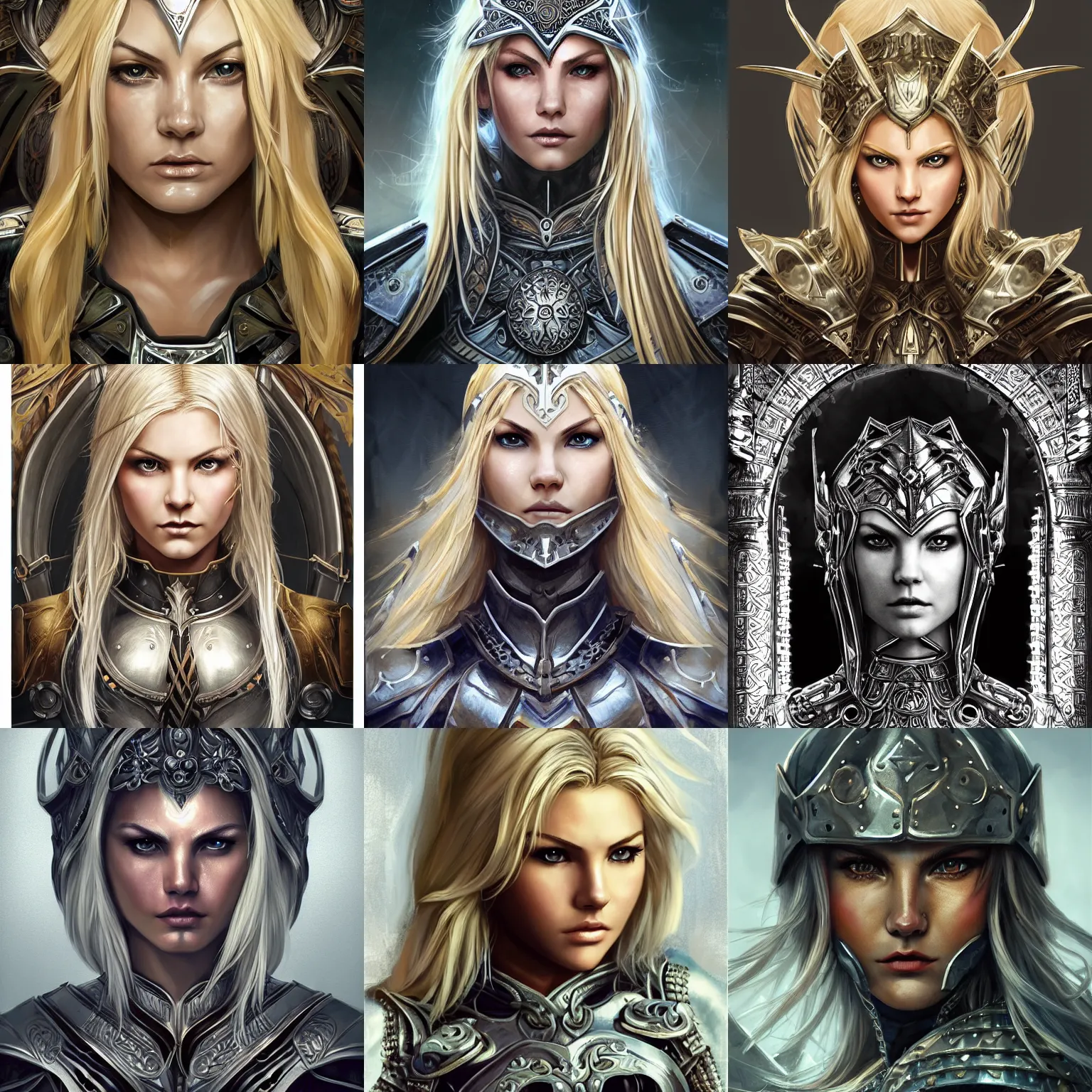 Prompt: head-on centered symmetrical RPG avatar portrait, Elisha Cuthbert as a holy paladin, blonde hair, ornate steel armour, dramatic cinematic lighting, intricate, wild, highly detailed, digital painting, smooth, sharp focus, illustration, dramatic lighting, establishing shot, book cover, 8k, concept art, artstation, matte painting, in the style of artgerm and greg rutkowski