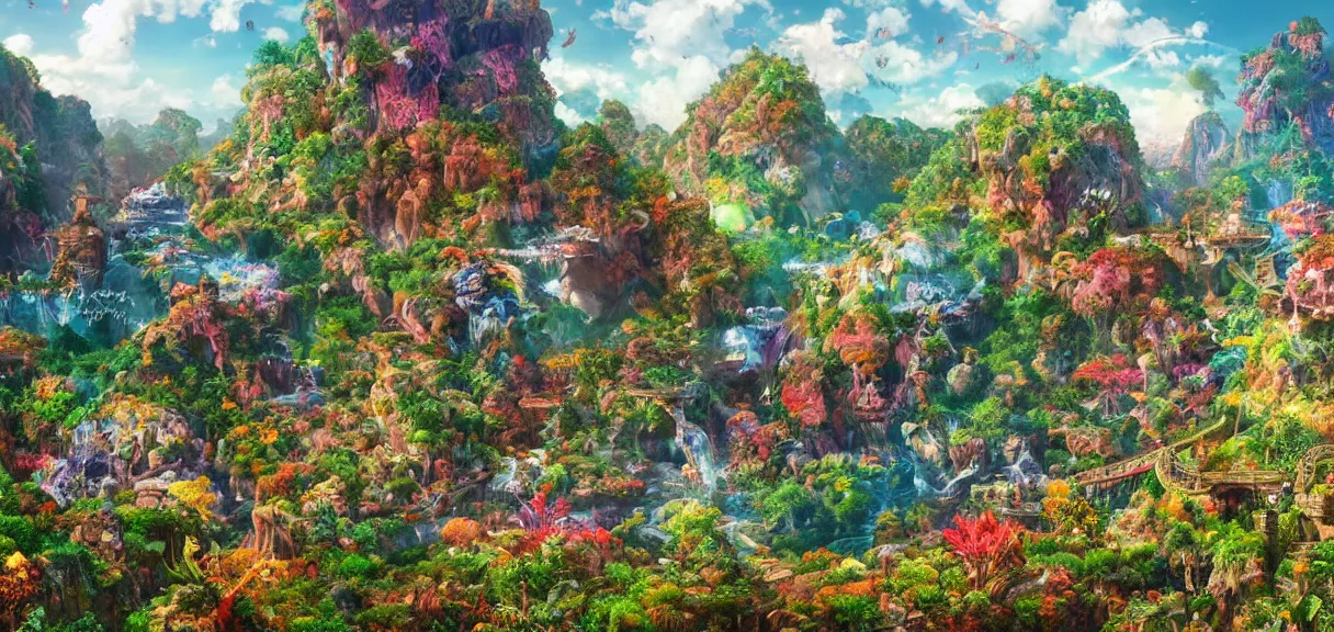 Image similar to the landscape of an unimaginable and beautiful place with all types of colorful vegetation, beyond the physical realm, an ultrafine hyperdetailed illustration by kim jung gi, irakli nadar, intricate linework, bright colors, octopath traveler, final fantasy, unreal engine 5 highly rendered, global illumination, radiant light, detailed and intricate environment