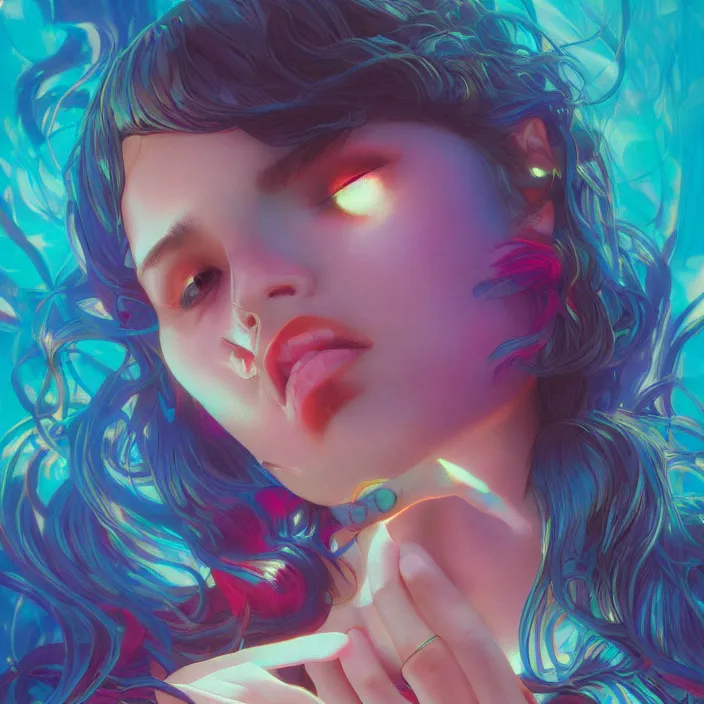 Prompt: young woman, gorgeous face, vaporwave aesthetic, synthwave, colorful, psychedelic, broken beaten, sadness, crying, inner strength, holding onto, artstation, concept art, smooth, extremely sharp detail, finely tuned detail, 8 k, ultra sharp focus, illustration, art by artgerm and greg rutkowski and alphonse mucha