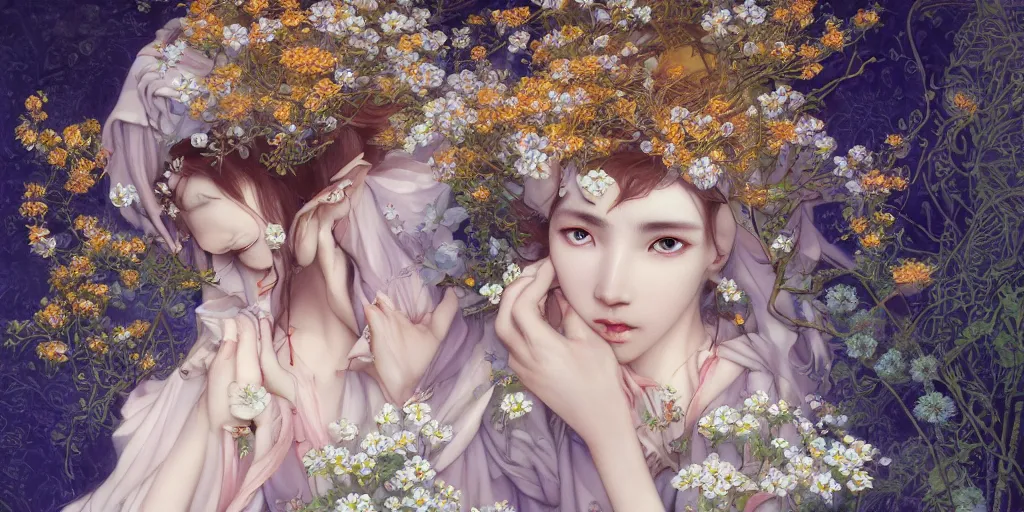 Image similar to breathtaking detailed concept art painting of the goddess of nemophila flowers, orthodox saint, with anxious, piercing eyes, ornate background, amalgamation of leaves and flowers, by Hsiao-Ron Cheng, James jean, Miho Hirano, Hayao Miyazaki, extremely moody lighting, 8K