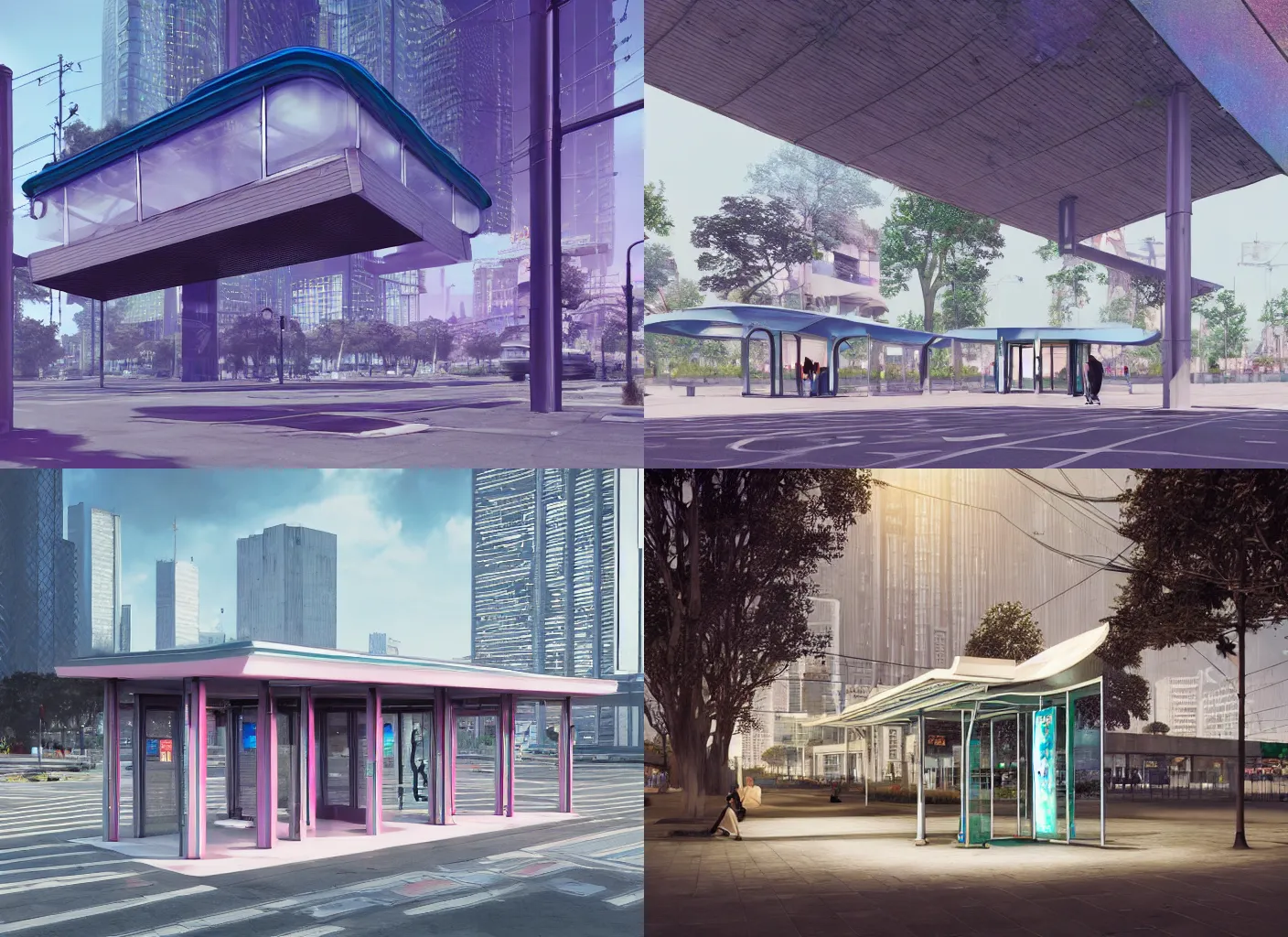 Prompt: a beautiful architectural render of cyberpunk bus stop, by norman foster + tadao ando, extremely detailed,, chartpak ad markers, pastel color, vivid color scheme, 8 k, hiperrealistic