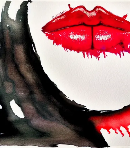 Prompt: Yoji Shinkawa's 'real life M1 Abrams Tank stained with red lipstick', ink and colours on silk, trending on pixiv, close up, monochrome, watercolour