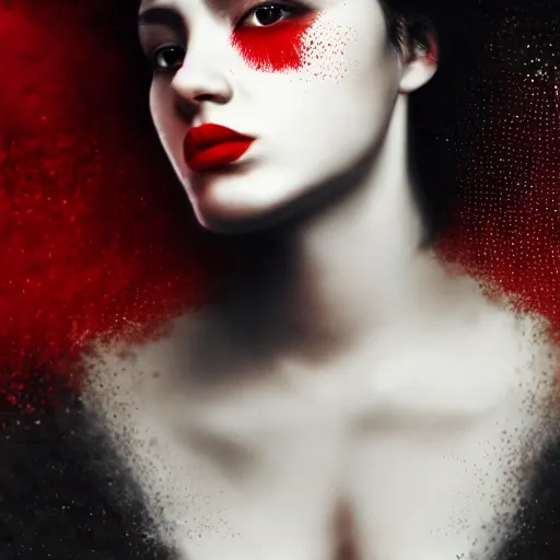 Prompt: masterpiece dynamic portrait of an aesthetic beautiful realistic black haired woman protesting, 3 0 years old woman, mid long hair, black eyed, red peace and love symbol on the cheek, digital painting by wlop, atmospheric red effects, sparkles, artstation, deviantart, large view, motion blur, black background