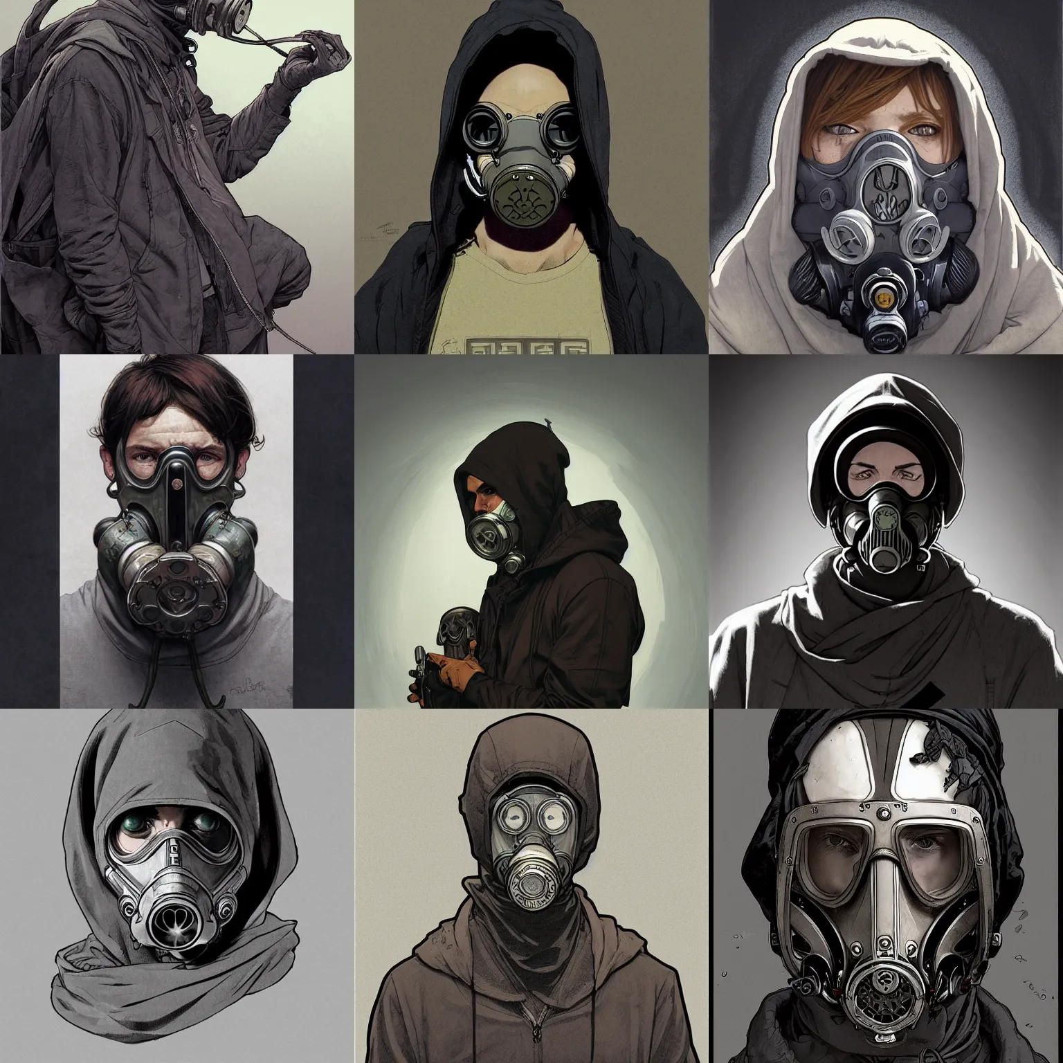 Prompt: portrait of a people wearing a grey hoodie, gas mask, grey bandana, behance hd artstation, by moebius, alphonse mucha, ayami kojima, amano, greg hildebrandt, and mark brooks, masculine, male, art nouveau, neo - gothic, gothic, character concept design, dynamic light, stylised illustration, disco elysium