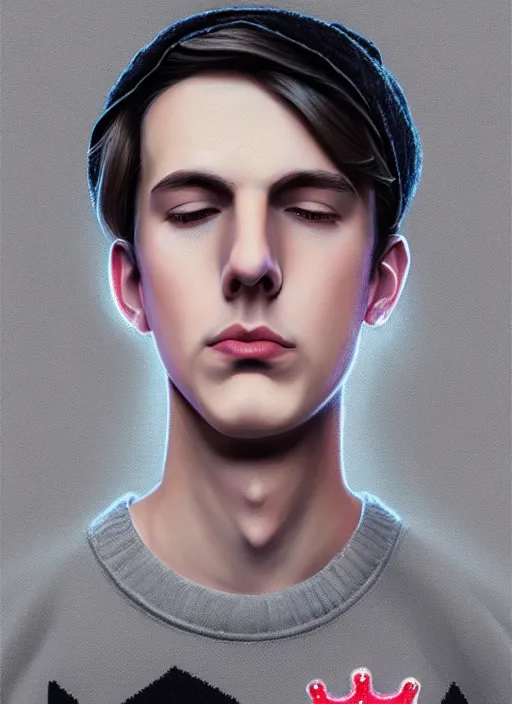 Image similar to portrait of teenage jughead jones wearing a light grey crown, photorealistic, crown, eyes closed, crown, black hair, sweater with letter s on it, letter s, intricate, elegant, glowing lights, highly detailed, digital painting, artstation, concept art, smooth, sharp focus, illustration, art by wlop, mars ravelo and greg rutkowski