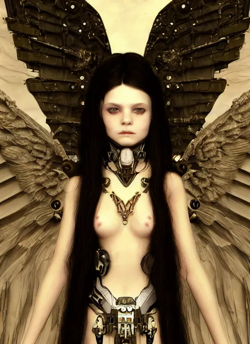 Image similar to portrait of cute beautiful young goth angel maiden with mechanical wings, cyberpunk, Warhammer 40000, gothic, highly detailed, artstation, illustration, art by Gustav Klimt