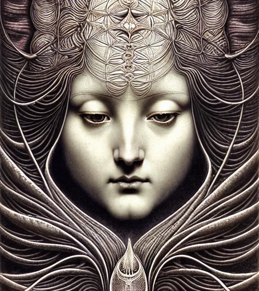 Image similar to detailed realistic beautiful lotus goddess face portrait by jean delville, gustave dore, iris van herpen and marco mazzoni, art forms of nature by ernst haeckel, art nouveau, symbolist, visionary, gothic, neo - gothic, pre - raphaelite, fractal lace, intricate alien botanicals, ai biodiversity, surreality, hyperdetailed ultrasharp octane render