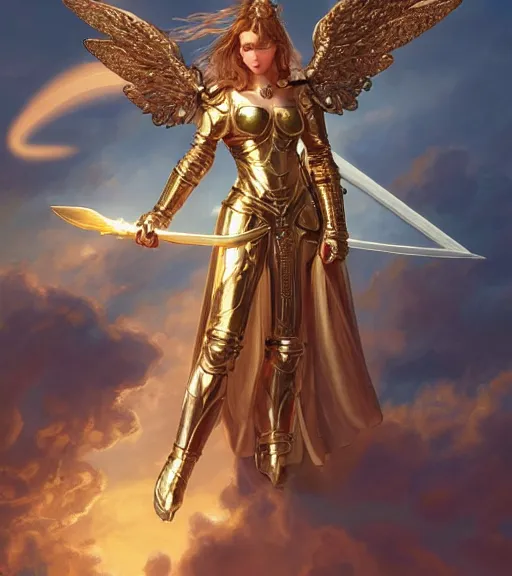 Image similar to A beautiful angel wearing metallic battle armor and a flaming sword, wing, among heavenly sunlit clouds, close-up shot, intricate, elegant, digital painting, golden hour, cinematic, trending on artstation, concept art, smooth, sharp focus, illustration, art by artgerm and Greg Rutkowski and Alphonse Mucha