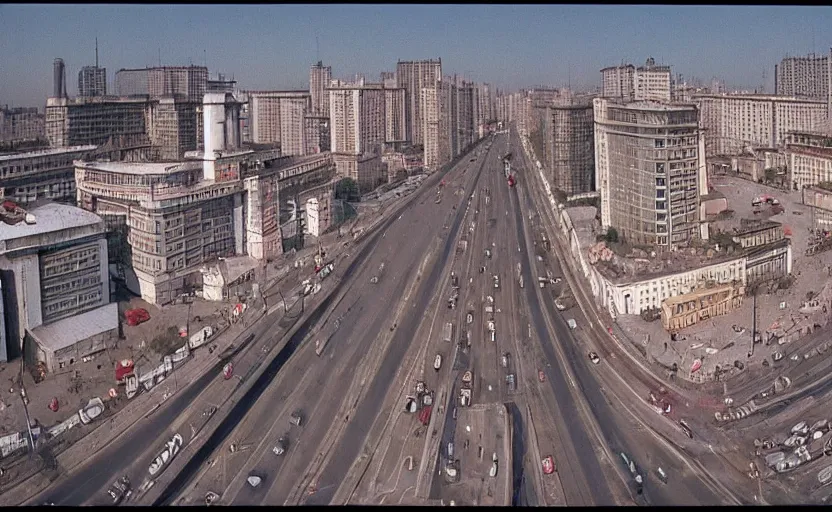 Prompt: high quality 2000s historic footage of soviet boulevard with stanilist style high rise and pedestrians, color aerial photo drone, Cinestill 800t, heavy grainy picture, very detailed, high quality, 4k panoramic