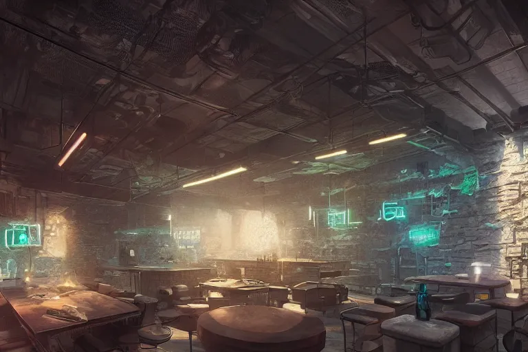 Prompt: Digital concept interior design in style of Hiromasa Ogura and Josan Gonzalez of cyberpunk tavern with stone walls and neon lights, a lot of electronics, many details. Natural white sunlight from the transperient roof. Rendered in VRAY and DaVinci Resolve and MAXWELL and LUMION 3D, Volumetric natural light