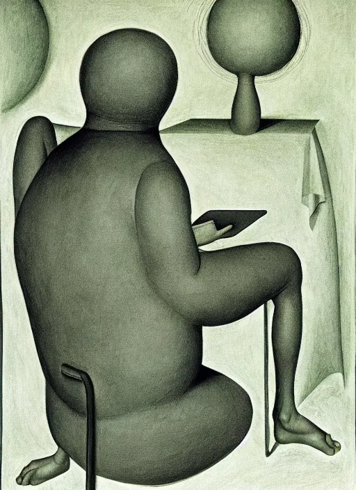 Prompt: man sitting on chair looking at his smartphone, hysterical, sweat, fat, frustrated, art by gertrude abercrombie hans bellmer and william blake
