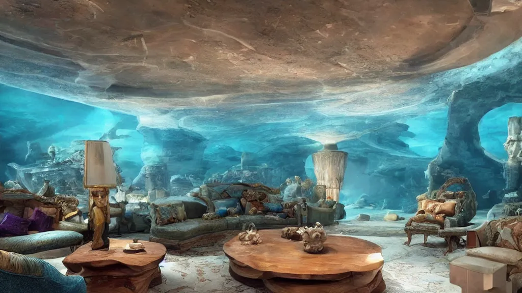 Prompt: A living room in the underwater city of Atlantis