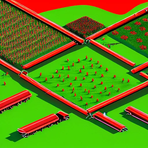 Image similar to Large field with an army of red and green lawn gnomes wielding midieval weaponry, axonometric exploded view, high detail, 8k, photorealistic