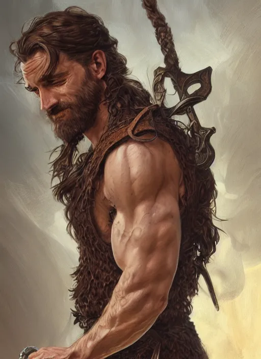 Image similar to portrait of a ruggedly handsome cleric, soft hair, muscular, half body, leather, hairy, d & d, fantasy, intricate, elegant, highly detailed, digital painting, artstation, concept art, smooth, sharp focus, illustration, art by artgerm and greg rutkowski and alphonse mucha