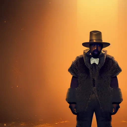 Image similar to Portrait of Kanye West as willy wonka in Skyrim, splash art, movie still, cinematic lighting, dramatic, octane render, long lens, shallow depth of field, bokeh, anamorphic lens flare, 8k, hyper detailed, 35mm film grain