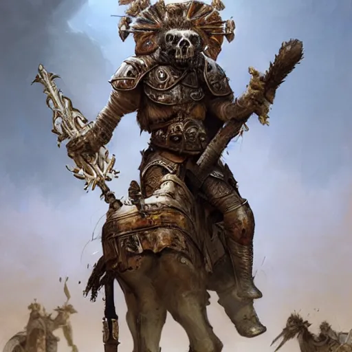 Prompt: portrait of a gnoll wearing a skull - shaped steel helmet and plate armor holding a lance riding a camel, fantasy, highly detailed, digital painting, artstation, concept art, character art, art by greg rutkowski and tyler jacobson and alphonse mucha