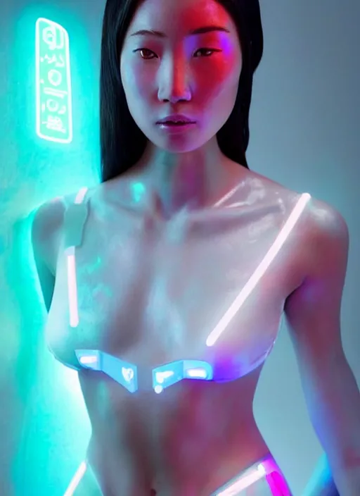 Image similar to an asian female humanoid with freckled cheeks, cyber neon lighting, futurism, intricate futuristic led fashion jewelry, cyberpunk glossy white latex swimwear, profile posing, hyper photorealistic, crispy quality, digital photography, trending in artstation, trending in pinterest, cinematic, 4 k ultra hd, art by pascal blanche, art by greg rutkowski,