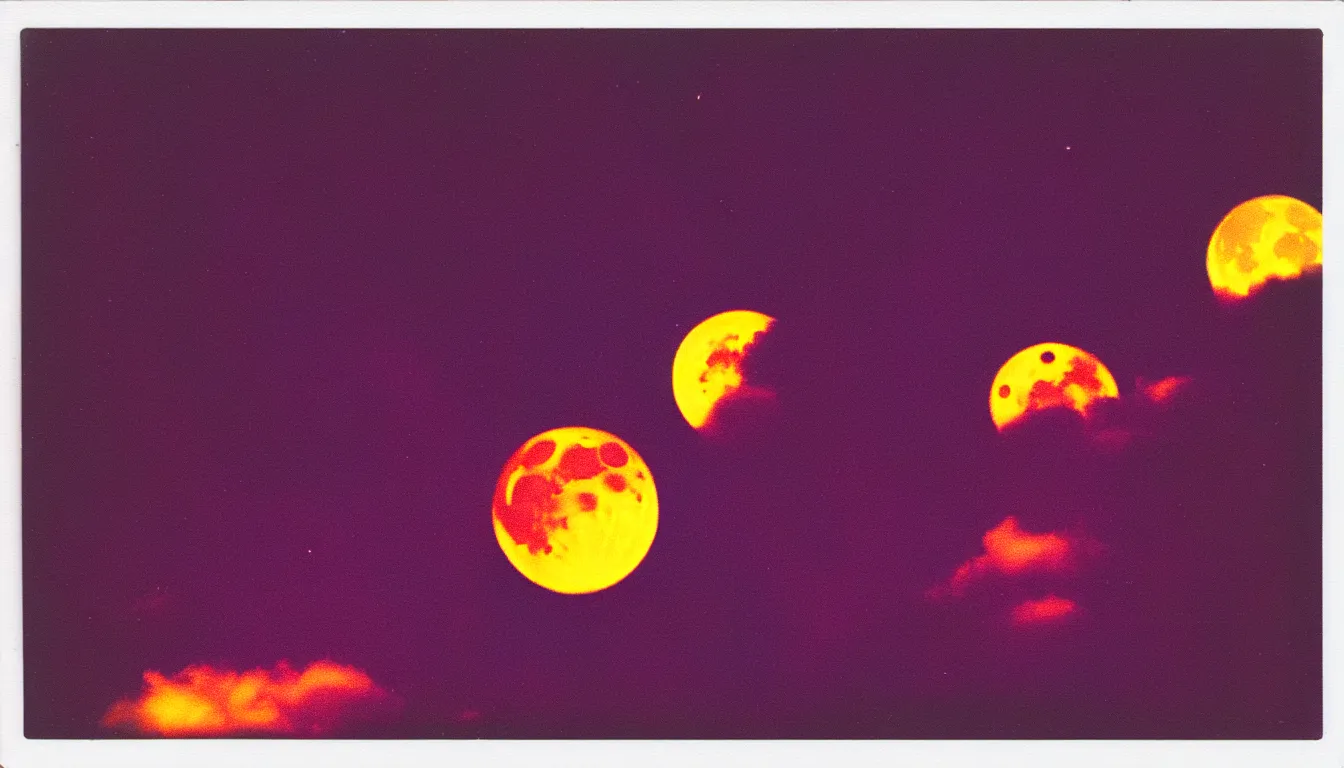 Image similar to colorful instant photograph of the moon in a city at night, polaroid, light leak, raw, nostalgic