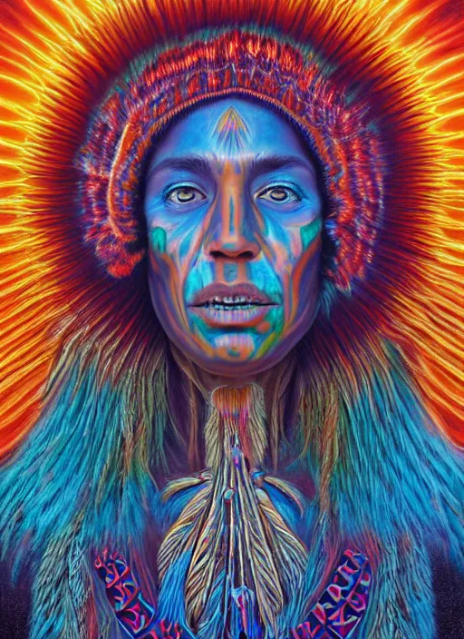 Image similar to portrait ultra dimensional native american woman shaman, accidentally tripping on dmt and acid, psychedelic experience, overwhelming psychosis of self realization and burning awakening, ultra high definition, unreal engine 5, hyperrealism, masterpiece composition, by casey weldon, barclay shaw