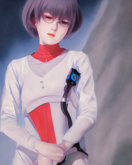 Image similar to A ultradetailed beautiful portrait panting of Rei Ayanami, Oil painting, by Ilya Kuvshinov, GUWEIZ and Makoto Shinkai