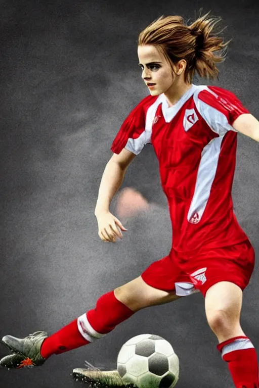 Image similar to a portrait of emma watson as a lokomotiv football player, hyper realistic, highly detailed