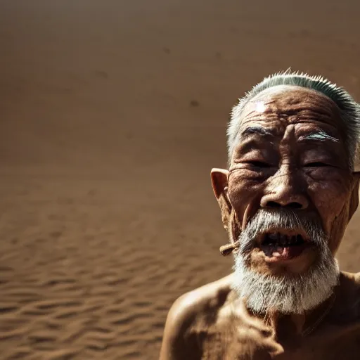 Prompt: floating old asian man with beard, his head covered in jewels, full face occult silver mask, glowing eyes, wearing a large carved wooden stick, smoke around him, in the dry rock desert, cinematic shot, wide angle, desert background, award winning photography, 8k, in the style of David Lynch, Alejandro Jodorowsky and Gaspar Noe