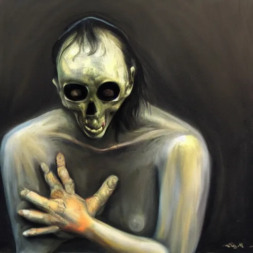 Image similar to big budget horror, dark oil paint of sadness