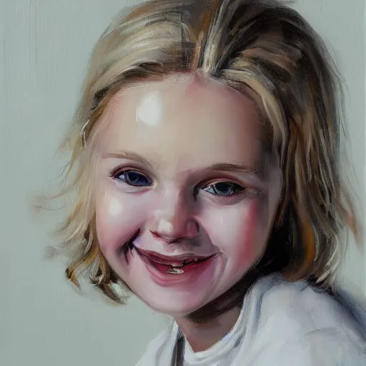 Prompt: portrait painting of woman from scandinavia, newborn, blonde hair, daz, occlusion, smiling and looking directly, brushstrokes, white background, art by enki bilal