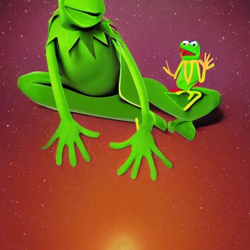 Prompt: the creation of adam but with kermit the frog and jim henson instead, muppets, in an absurdist style, heavenly, cosmic, god rays, intricate detail, 8 k,