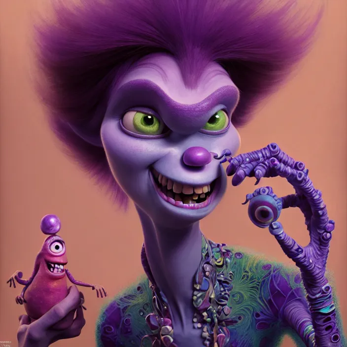 Image similar to psychedelic Monsters Inc. character, Pixar, diffuse lighting, fantasy, intricate, elegant, highly detailed, lifelike, photorealistic, digital painting, artstation, illustration, concept art, smooth, sharp focus, art by John Collier and Albert Aublet and Krenz Cushart and Artem Demura and Alphonse Mucha