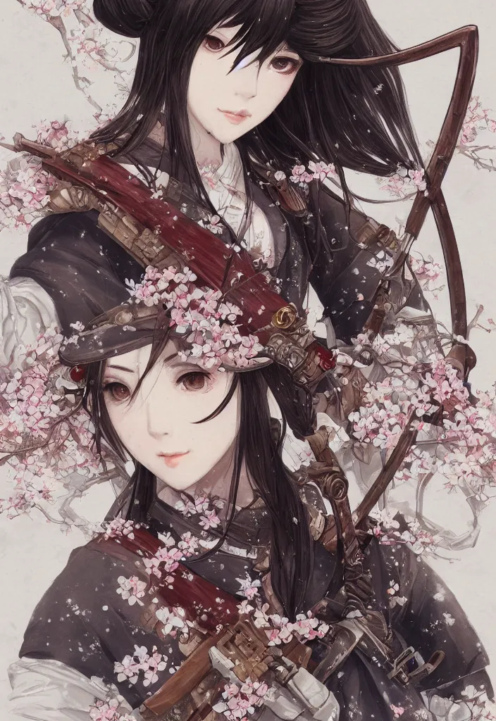 Image similar to detailed portrait of steampunk girl samurai with tachi and cross bow combat pose in snow forest sakura cherry blossom swan hakama kimono trending on artstation elite, elegant, luxury, by krenz cushart junji ito, perfect face, fine details, realistic shaded, fine - face, pretty face