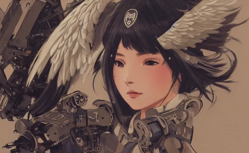 Image similar to mechanized valkyrie girl, anime style, airforce insignia, vintage clothing, spreading wings, short hair, hair down, symmetrical facial features, from arknights, hyper realistic, 4 k, rule of thirds, extreme detail, detailed drawing, trending artstation, hd, d & d, realistic lighting, by alphonse mucha, greg rutkowski