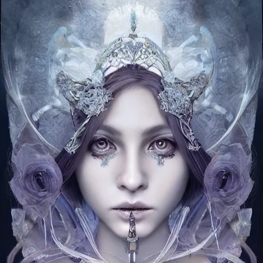 Image similar to symmetrical portrait of a beautiful dead princess female 4K symmetrical portrait, magical,fantasy , final fantasy, whole body, hyperrealism, cyberpunk, concept art, realistic, highly detailed, Featured on Artstation, cgsociety, Behance, Tom Bagshaw, Ross Tran, Japan Taiwan ,Soft lighting, attractive, highly detailed. intricate details. trending on artbreeder | zdzislaw beksinski. dariusz zawadzki. Michael Hutter. Peter Mohrbacher. Alfons Mucha. artstation