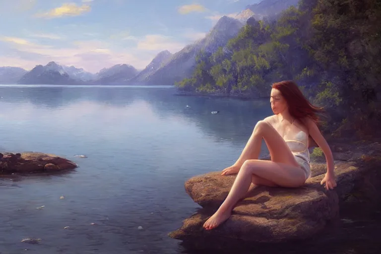 Image similar to an epic cinematic masterpiece of hyperrealism in which a girl sits on a rock by a lake with her feet in the water, a realistic poster with shaded lighting from craig mallismo, artgerm, jeremy lipkin and michael garmash, unreal engine, radiant light, detailed and complex environment, digital art, art station trends