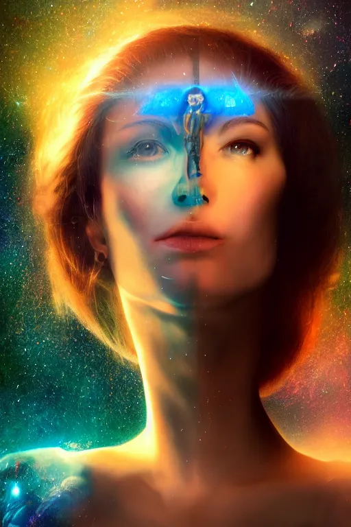 Image similar to portrait woman cyborg floating in space letting go of reality and experiencing the quantum feild, matte painting comic book art, cinematic, highly detailed, realistic, beautiful cosmic neural network, octane render, unreal engine, depth of field, trending on artstation, sharp focus, philosophical splashes of colors