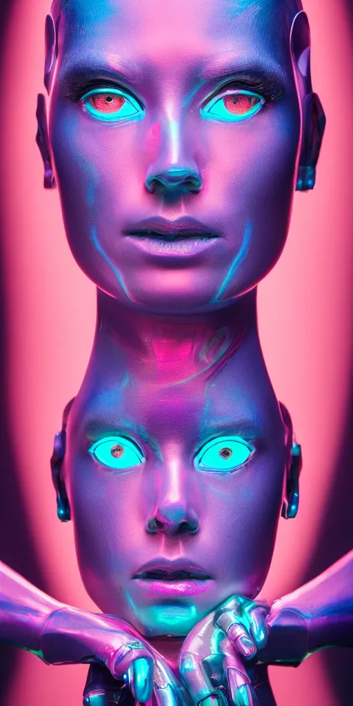 Image similar to high quality photo of rococo cyborg woman with pearlescent blue skin key sage wayne barlowe very soft pink neon lighting on one side wide angle 35mm shallow depth of field 8k