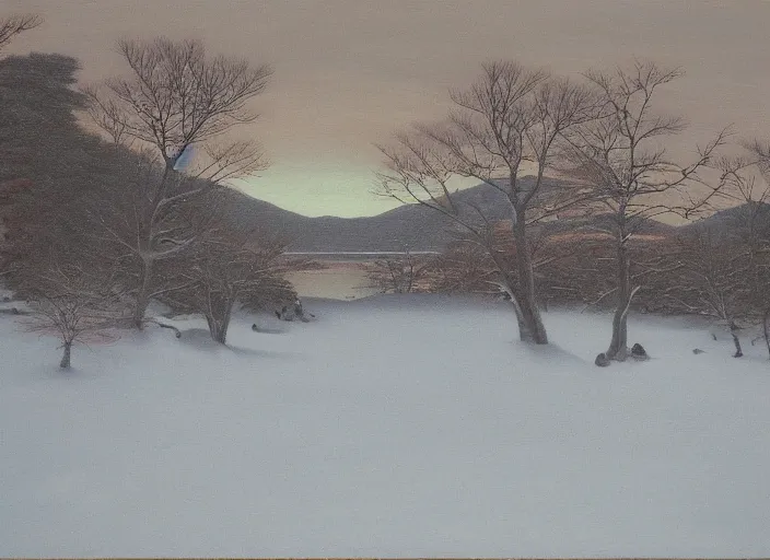 Image similar to hokkaido in winter, japan in the style of hudson river school of art, oil on canvas