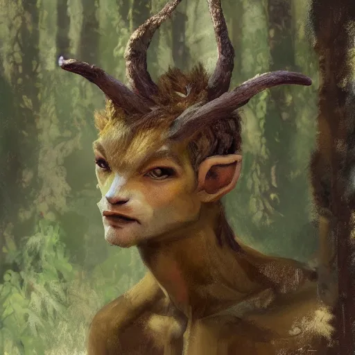 Prompt: closeup of a faun in a forest, painted by craig mullins