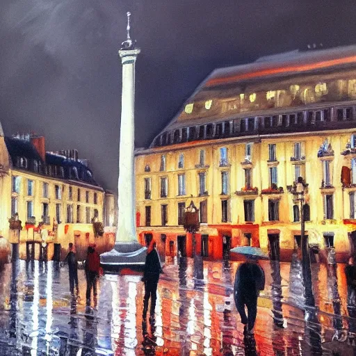 Image similar to Public square in Paris, it is night and raining, oil painting , highly detailed , high contrast, beautiful lighting, award winning , trending on art station, photorealistic, 8k