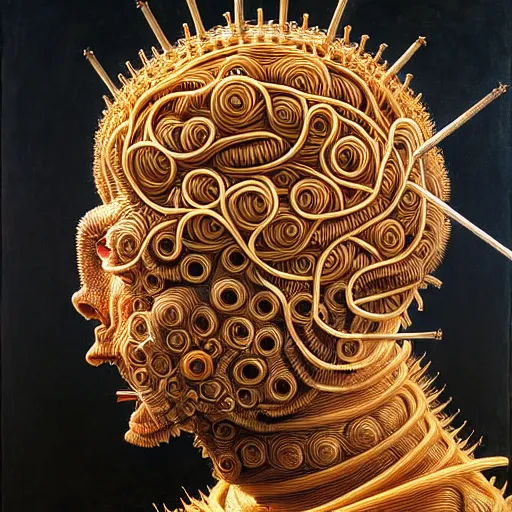 Image similar to zoomed out half boy half rhino made of spaghetti, intricate armor made of spaghetti fractals, ancient warrior, samurai style, by giuseppe arcimboldo and ambrosius benson, renaissance, intricate and intense oil paint, a touch of beksinski, realistic