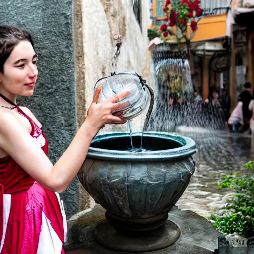 Image similar to anime girl in a greek womans clothing pouring water out of a gourd into a fountain, spanish alleyway