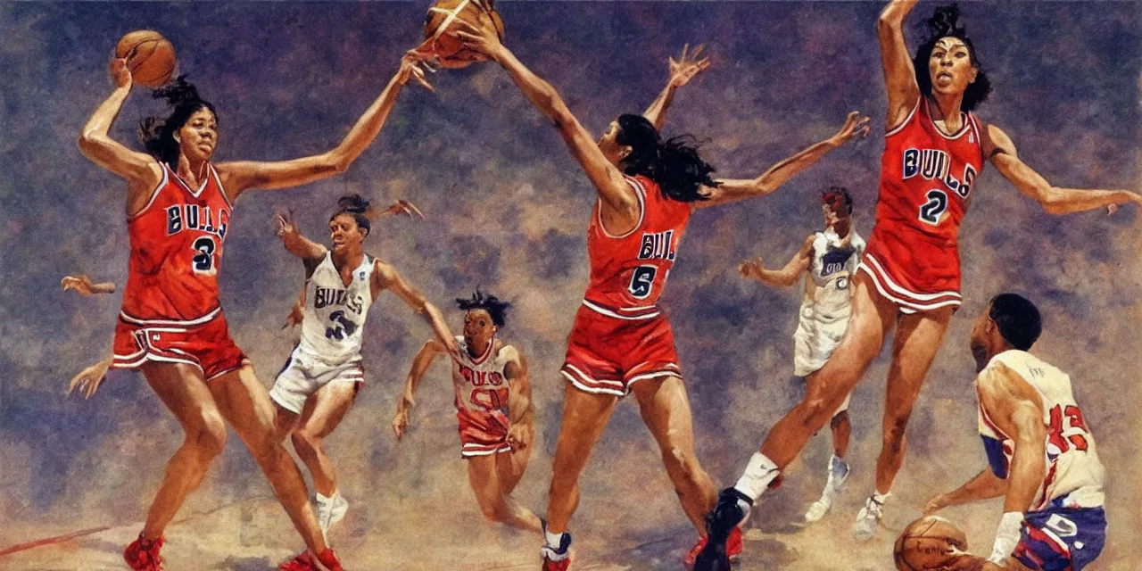 Image similar to candace parker playing basketball in a chicago bulls jersey art by frank frazetta, wide angle view,