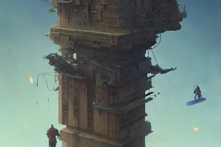 Image similar to man falling from the top of the building, wide shot, sci fi, art by mike winkelmann, trending on cgsociety, retrofuturism, darksynth, sci - fi, reimagined by beksinski carl spitzweg