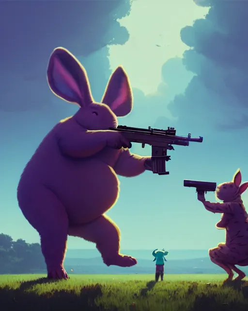 Image similar to highly detailed vfx portrait of a cute, happy big chungus, shooting two mac - 1 0 s, stephen bliss, unreal engine, greg rutkowski, loish, rhads, beeple, makoto shinkai and lois van baarle, ilya kuvshinov, rossdraws, tom bagshaw, global illumination, detailed and intricate environment