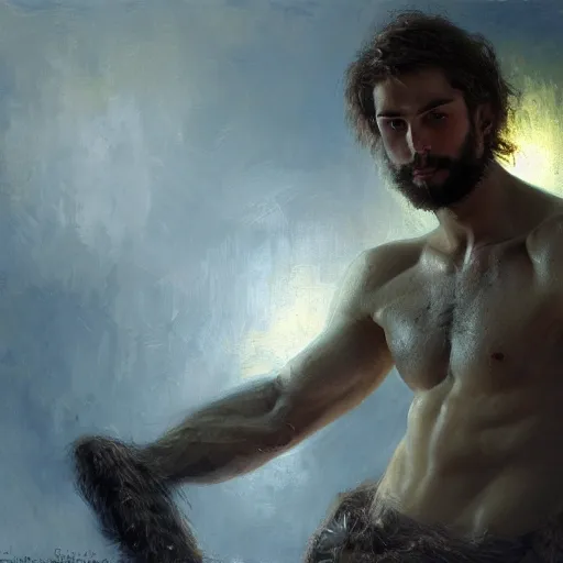 Image similar to handsome portrait of a young hairy guy fitness posing, war hero, lanky, radiant light, caustics, reflective, by gaston bussiere, bayard wu, greg rutkowski, giger, maxim verehin