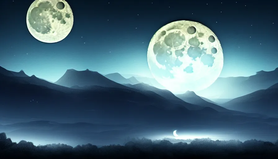 Image similar to a beautiful landscape at night, big moon on the right, stars in the sky, matte painting, dark blue tones, high contrast, intricate details, concept art, 4 k