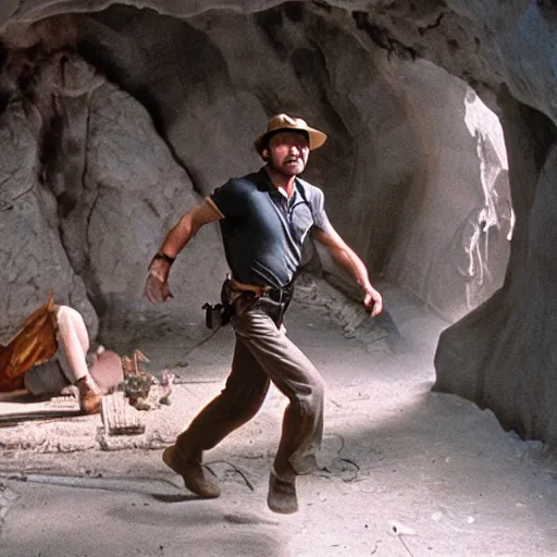 Image similar to indiana jones running away from a construction worker in a cave