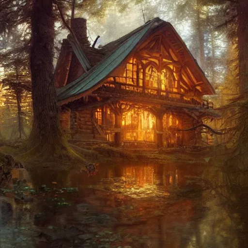 Image similar to a beautifull intricate painting of a log cabin in a dark fantasy forest, reflections, very high details by william turner art, greg rutkowski and alphonse mucha, trending on artstation, very very detailed, masterpiece,