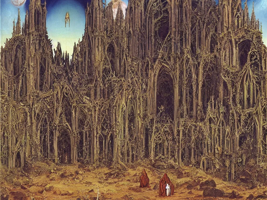 Image similar to Ruined gothic cathedral on Mars. Ivy, carnivorous plants. Cloak covered man on his knees. Painting by Lucas Cranach, Moebius, Roger Dean